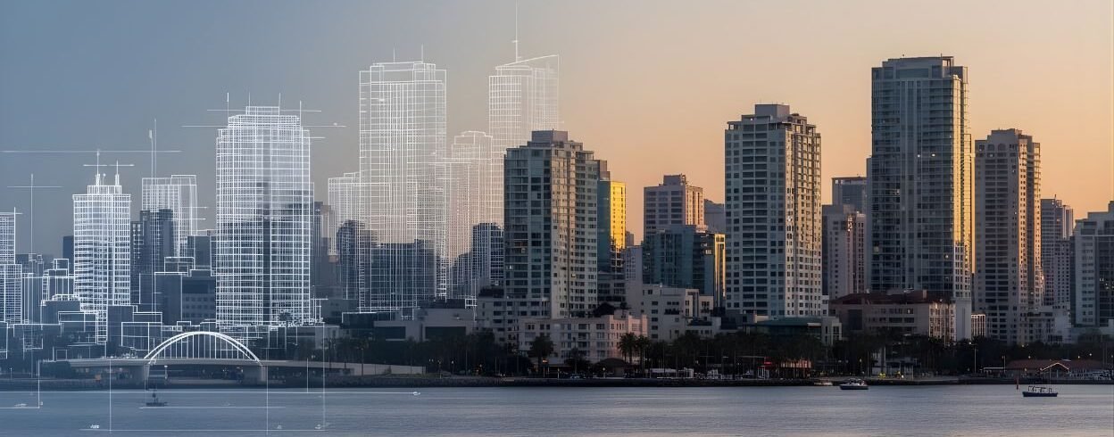 Panorama urbano con trazos de proyecto arquitectónico